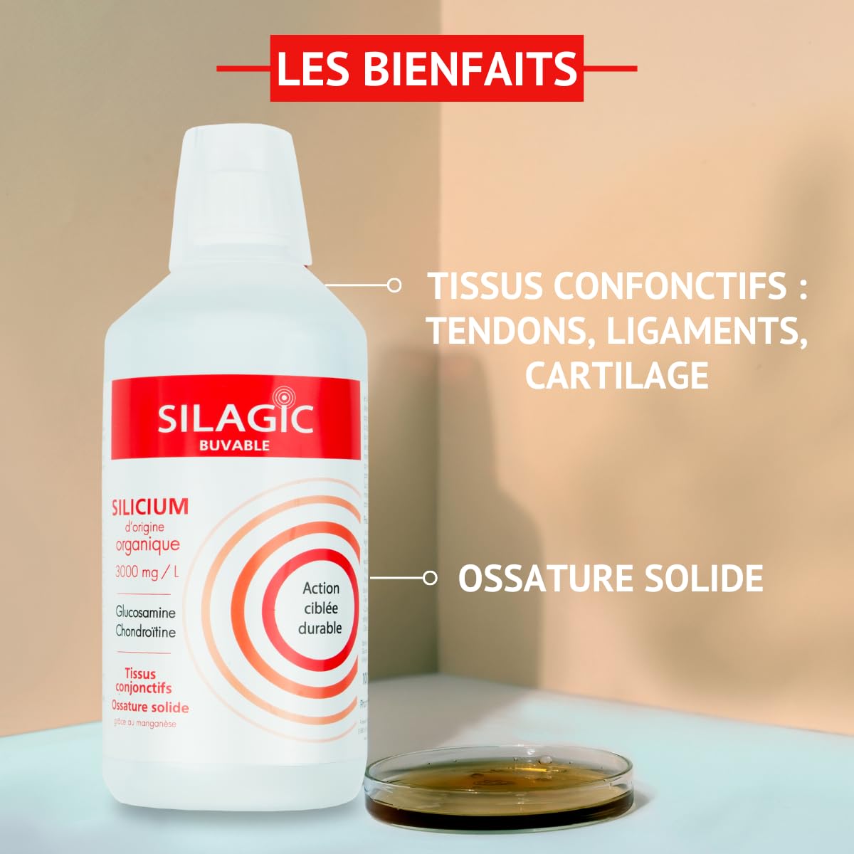 Silagic - Silicium Organique, Glucosamine & Chondroïtine - Enrichi en Manganèse - Articulations sensibles - Maintien Tendons & Cartilages - Fabriqué en France - Buvable 1L