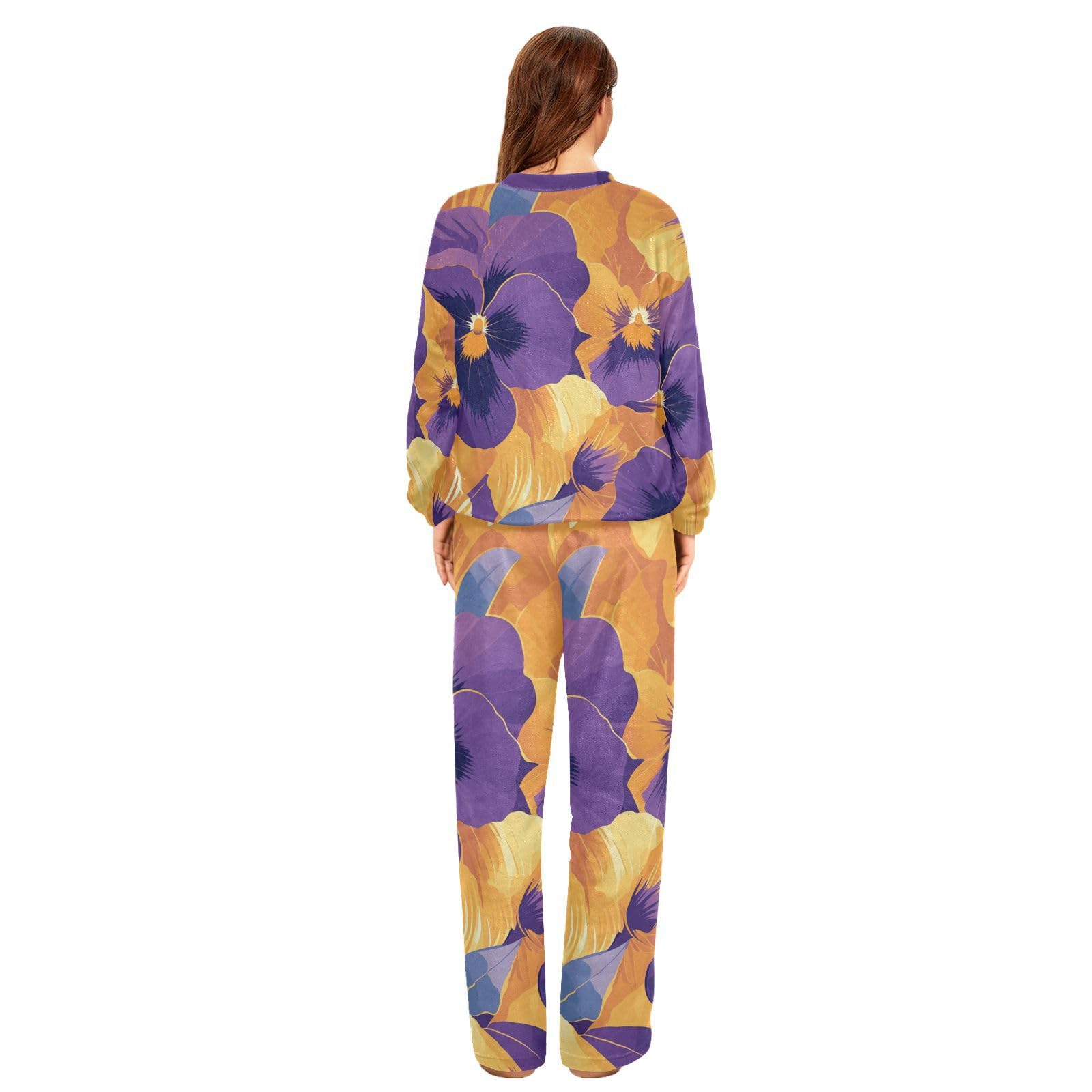 Set pigiama da donna in pile a due pezzi con fiori viola e arancione astratto, a maniche lunghe, con top e pantaloni
