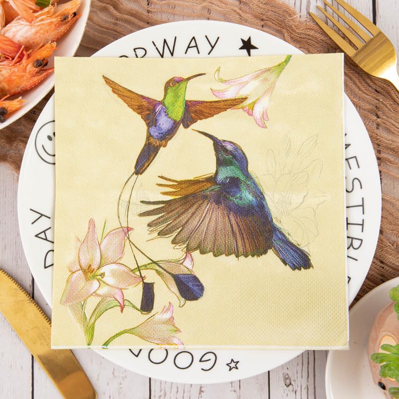 Serviette Papier Oiseau - Mouche Jaune Serviette de Table Anniversaire Jetables Cocktail Mariage Décoration de Table pour les Partys Célébrations Papier Toilette 30 Paquet(33x33cm)