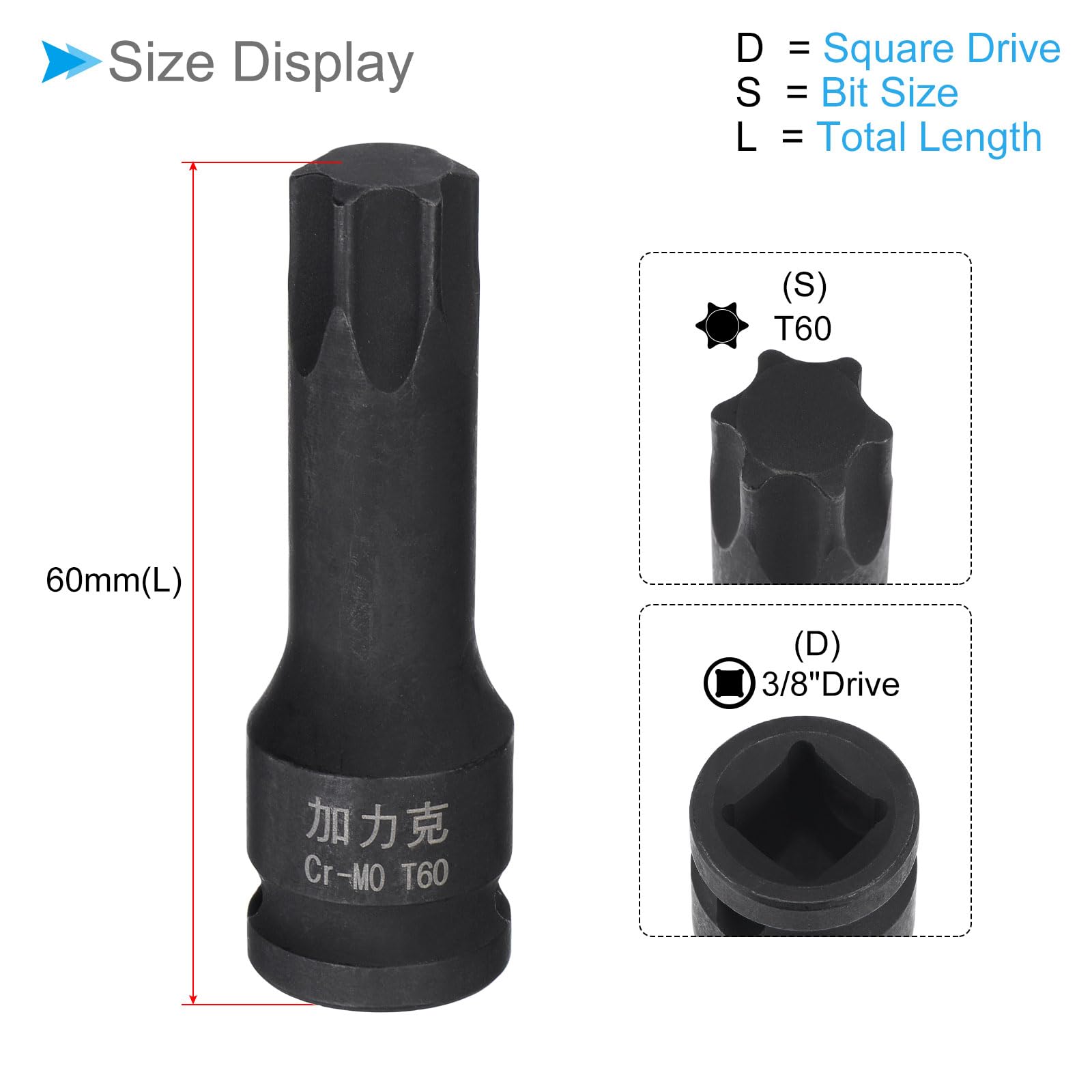 CoCud Impact Torx Bit Socket, T60 3/8" Square Drive 60mm Length, CR-MO Chamfer Design Pin Hole 6 Point Star Socket Bit - Image 2