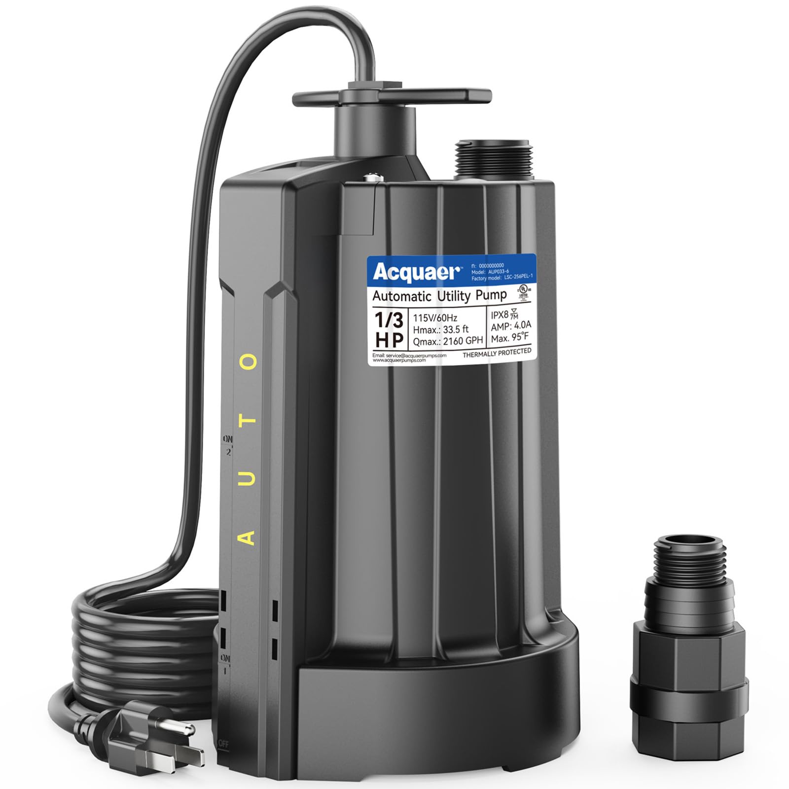 Acquaer Automatic Submersible Water Pump, 115V Sump Pump with 3/4” Garden Hose Adapter, High Flow Water Removal for Swimming Pool Cover Hot Tubs Flooded House Basement, 1/3 HP 2160 GPH