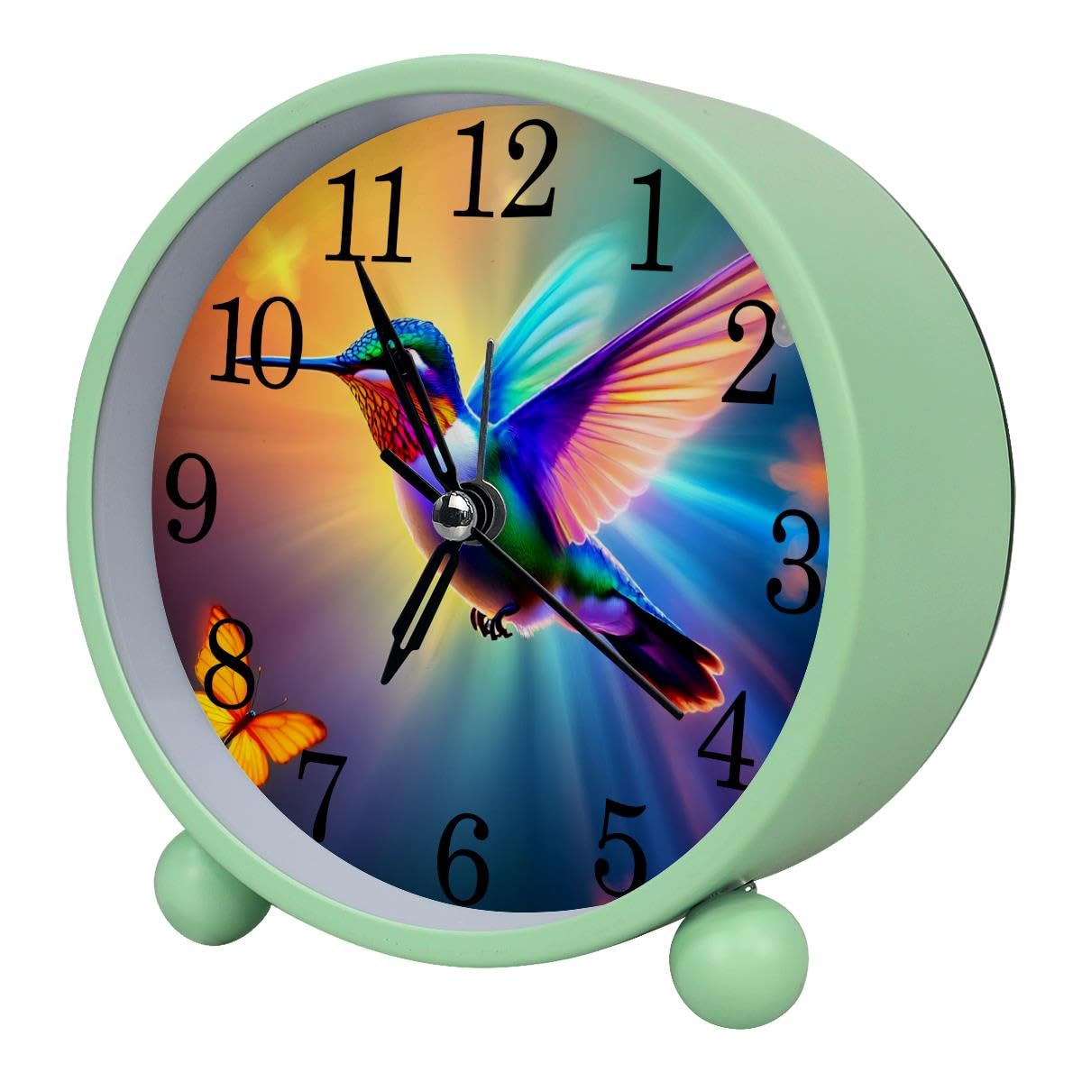 Luoweisi Alarm Clock Hummingbird, Silent Non-Ticking with Night Light, Round Metal Alarm Clock for Office, Battery Operated, Bedroom, Elderly, Adults, Children, Student Gifts