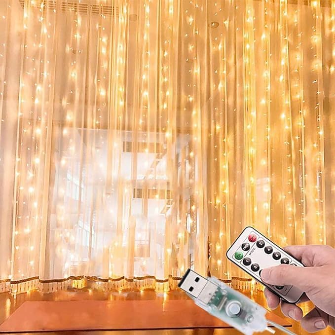 Image of Lexton 300 LED Copper String Light with Remote | 8 Modes, USB Powered, 3mx3m Copper Wire String Light with Hanging Hooks | Decoration for Diwali, Christmas, Curtain Lights (Warm White, Pack of 1)