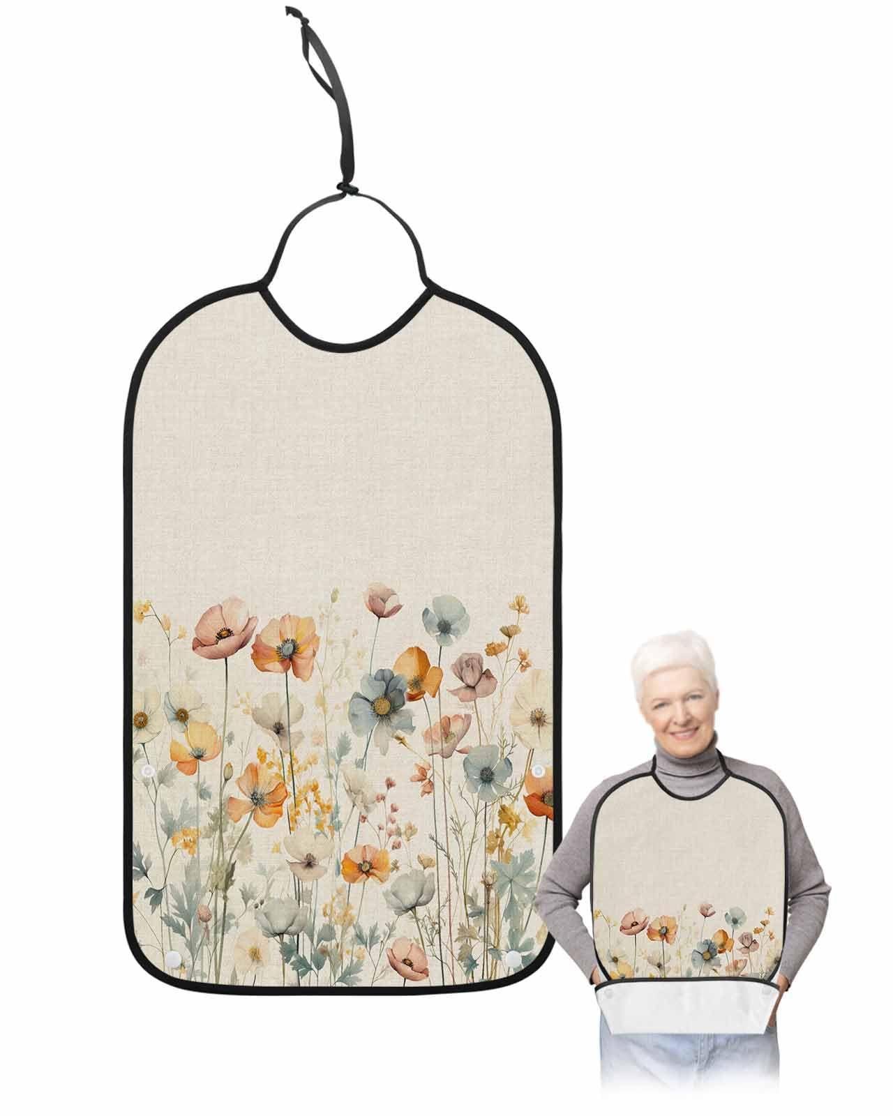 LEOKOTI Spring Floral Adult Bibs for Eating, Waterproof Bibs with Food Catcher & Adjustable Snap Closure, Elegant Flowers Summer Botanical Rustic Washable Clothing Protectors Adult Bibs for Elderly