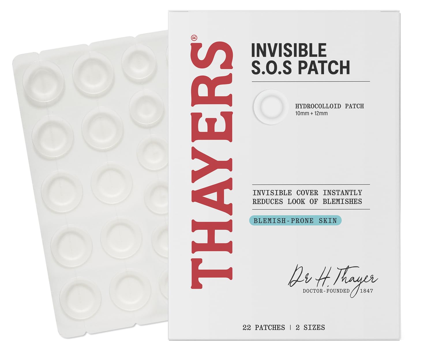 THAYERSInvisible S.O.S Hydrocolloid Acne Pimple Patch, Ultra-Thin Design Instantly Reduces Look of Blemishes, Set of 22 Pimple Patches
