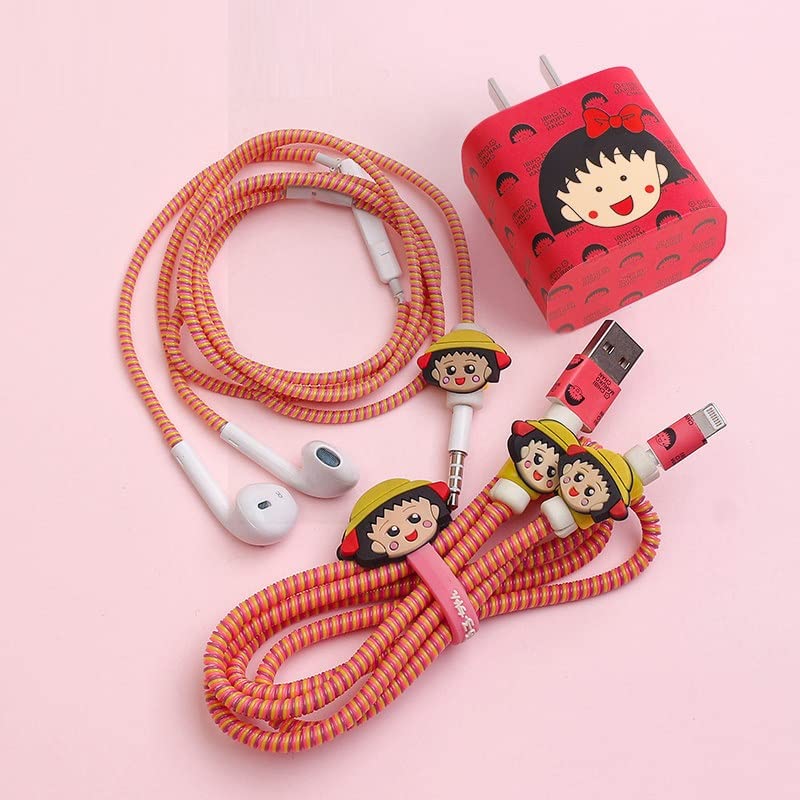 Image of Careflection 6-in-1 Multi Combo Spiral USB Cable Protectors + Earphones Winder + Sticker + Cable Clips + Earphone Jack Clip for New 20W Apple iPhone iPad Charger (Chibi Maruko Chan)