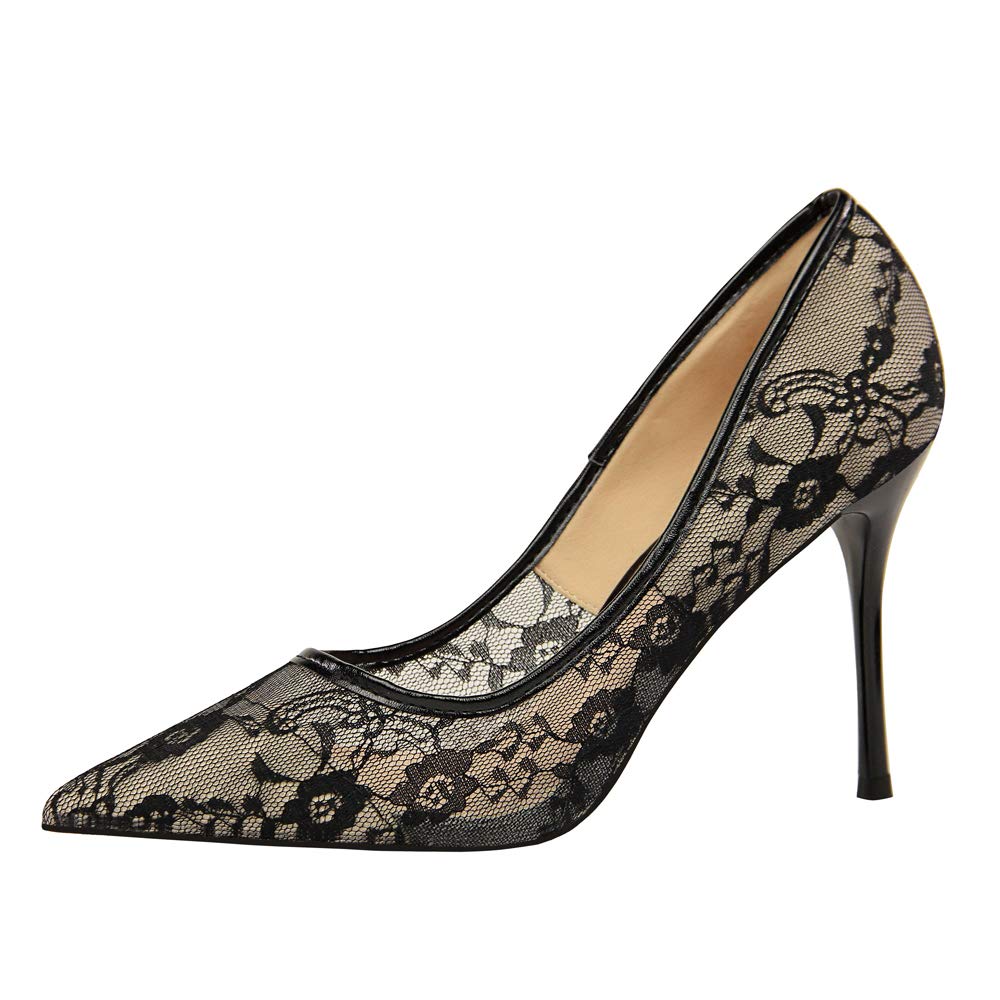Tacchi Alti da Donna in Pizzo a Rete Sexy, décolleté da 4 Pollici Sandali con Punta Chiusa a Punta, Scarpe da Sposa con Slip on Porm Party