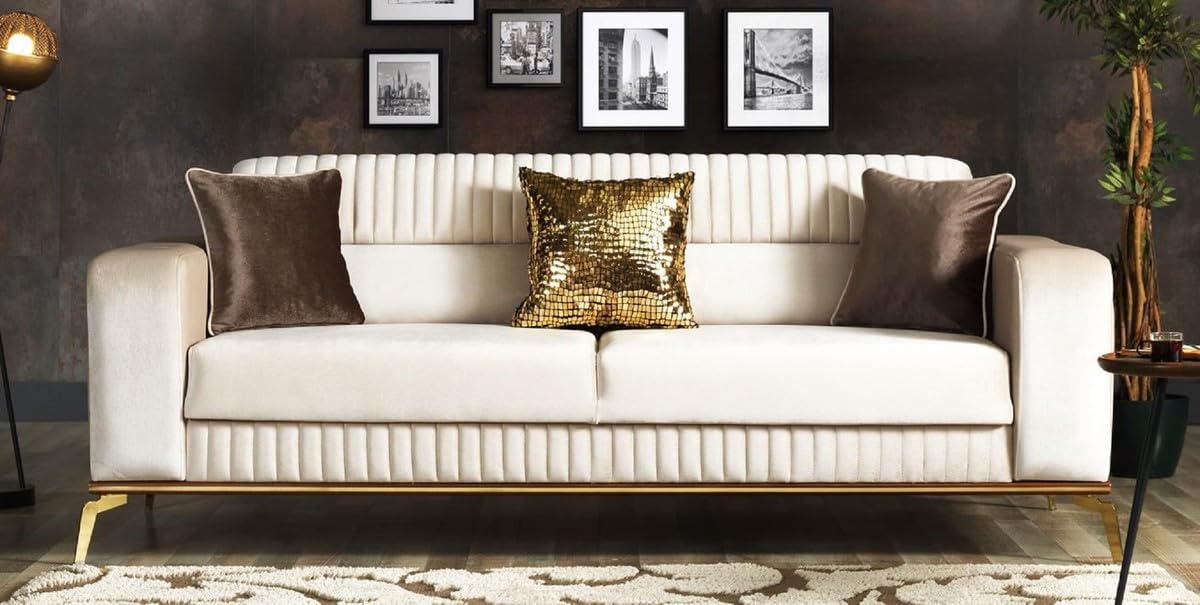 Casa Padrino Luksusowa sofa rozkładana kremowy/brązowy/złoty 225 x 92 x szer. 83 cm - sofa do salonu z 3 poduszkami - luksusowe meble do salonu