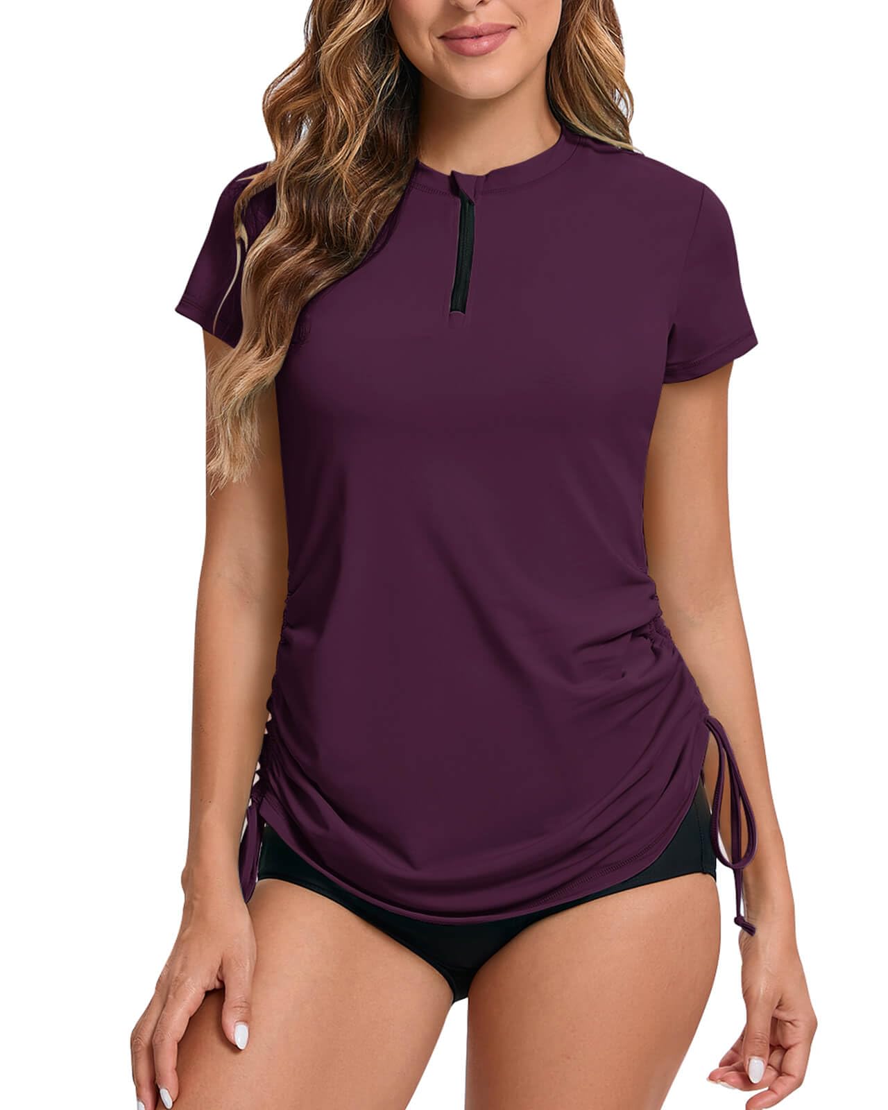 Rash Vest Women Short Sleeve Rash Guard 1/4 Zip Front Ladies Swim Top Quick Dry UV Swimming Shirts Adjustable Hem UPF 50+ Fuchsie 16