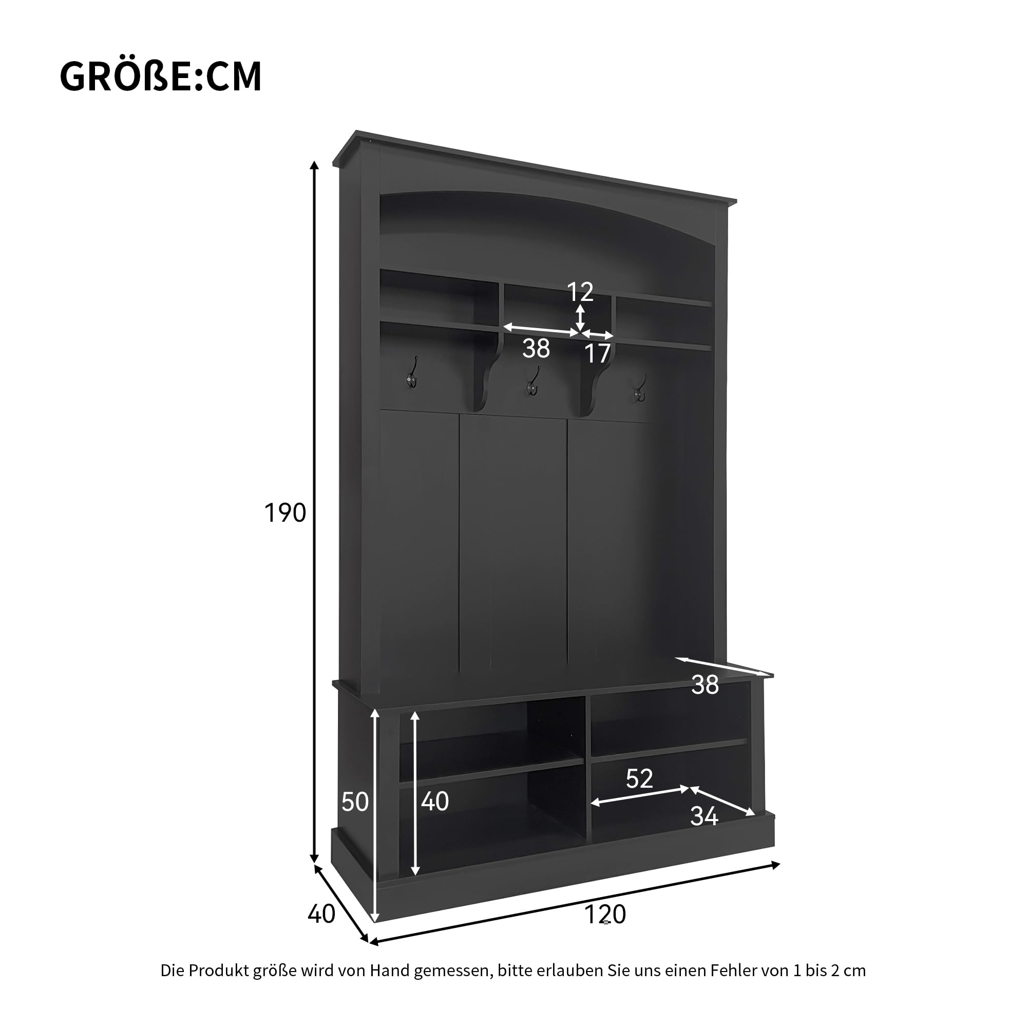 Meuble d’Entrée, Porte-Manteau avec Banc à Chaussures, Vestiaire, Rangement pour Chaussures, 3 Crochets, Gain de Place, Étagères Réglables, Espace de Stockage Ouvert, pour Entrée, Couloir (Noir-55S)
