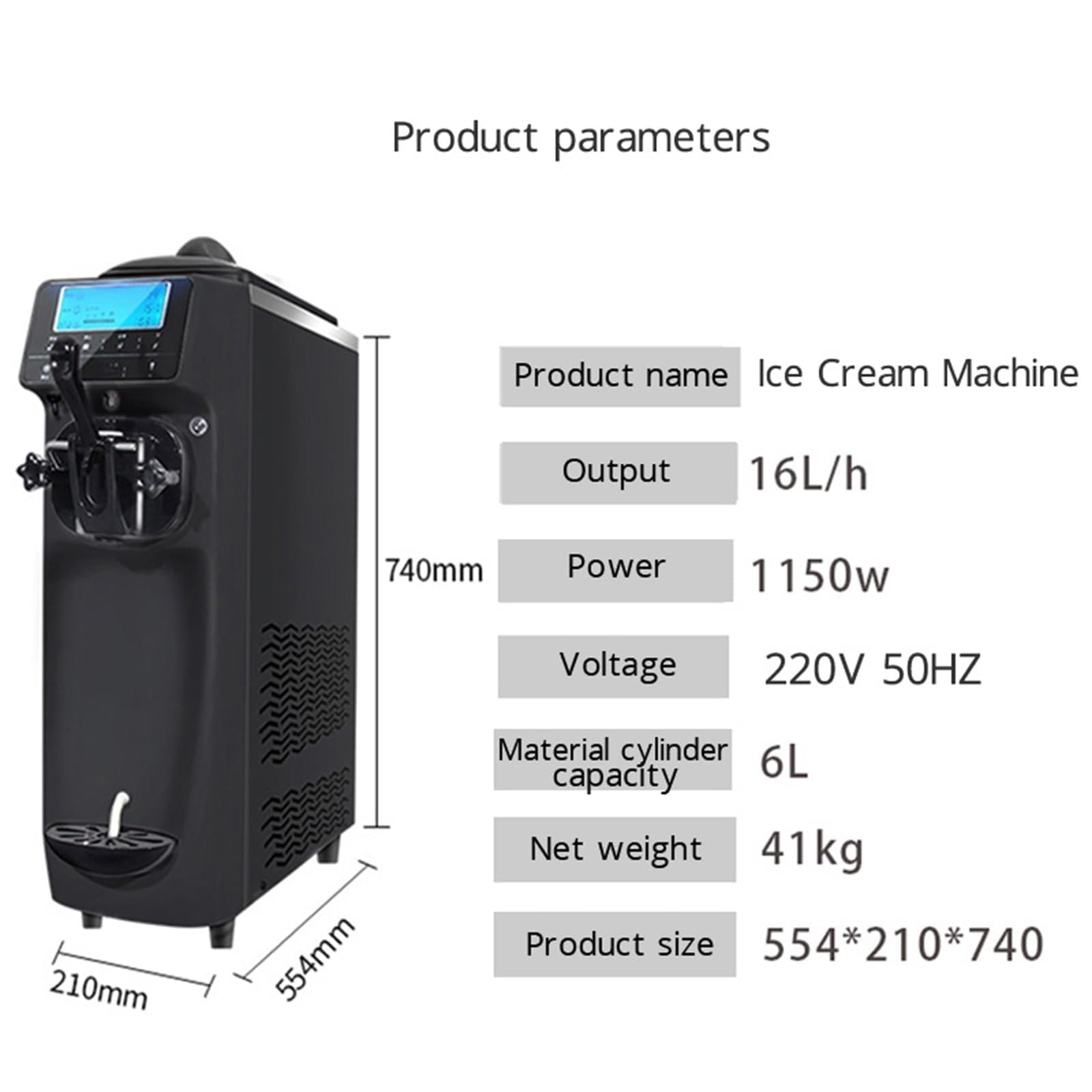 Machine à glace à l'italienne professionnelle 1150 W - avec écran tactile, 14-16 L/h (5-8 pièces/temps), réglage de la consistance (glace molle/dure), alerte de niveau bas,A