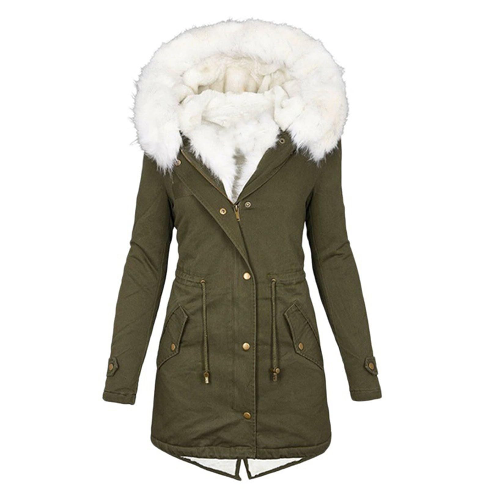 Dyhxuan Women's Army Green Winter Jacket Long Parka Jacket Warm Lined Quilted Jacket Fleece Down Jacket With Fur Hood Outdoor Jacket Large Sizes Down Coat Elegant Winter Coat Winter Parka Winter Coat For