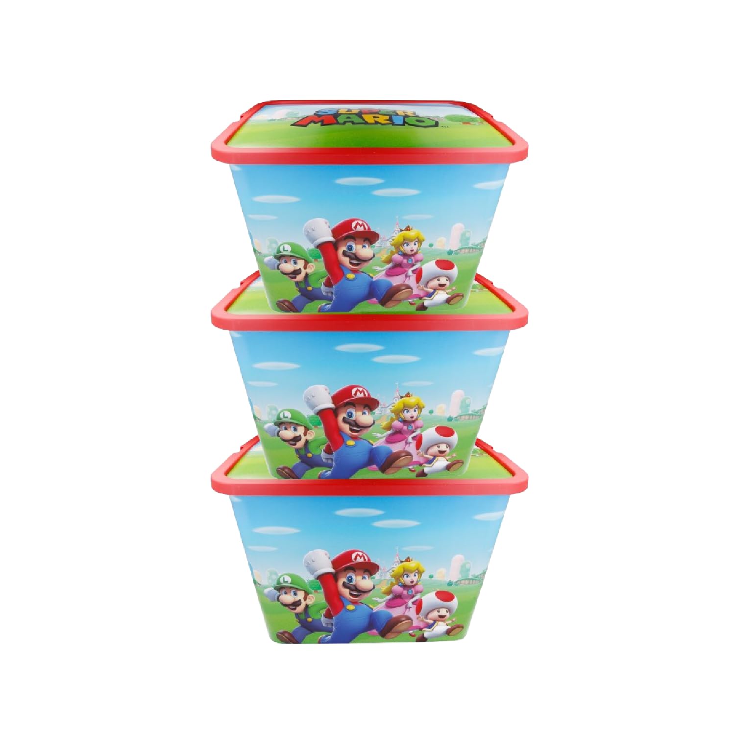 Kp Pharma Boys Multicolour - Super Mario Super Mario Kids Storage Boxes 23L – Bpa-Free Plastic, Lightweight & Stackable With Click Lock Lid – Toy Storage Box For And Girls – Keeps Kids Rooms Tidy, 39 X 29 X 27Cm (Pack Of 3)