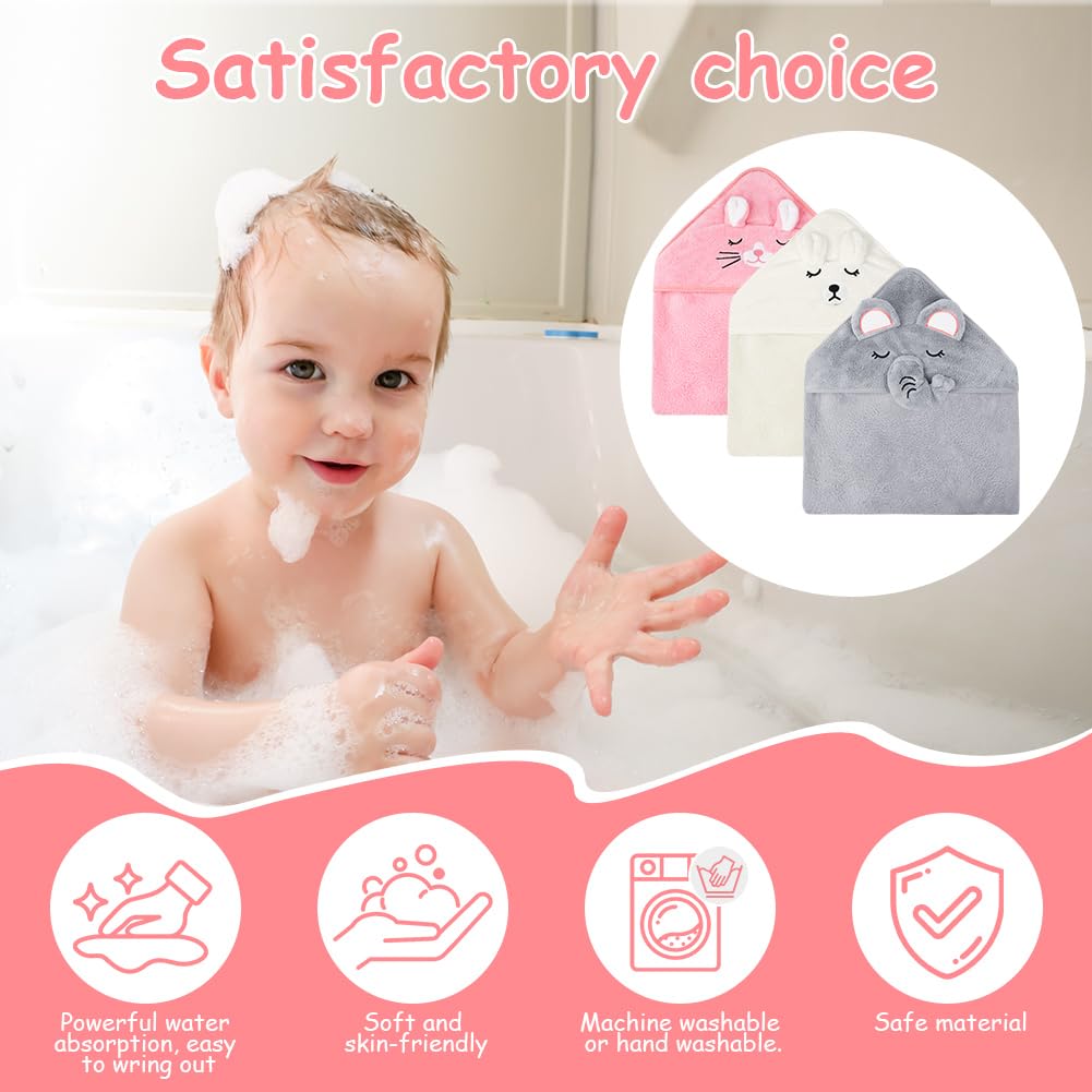 Aolso 3 Pz Asciugamano con cappuccio, 80 x 80 cm Asciugamani da Bagno per Bambini con Cappuccio, Morbidi e Assorbenti, per Neonati e Bambini 0-3 Anni -Bianco/Grigio/Rosa