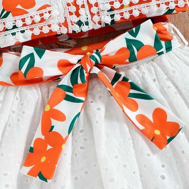 Image of PAMBERSTON Girls Dress Set, Floral Print Sleeveless Top with White Skirt and Bow Detail | Cute Casual Outfit for Girls | Perfect for Parties, Birthday, Wedding