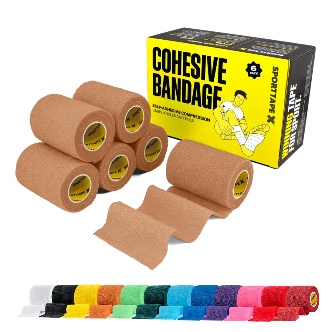 SPORTTAPE 6 Rolls Self-Adhesive Cohesive Bandage, 7.5cm x 4.5m, Beige - Compression & Vet Wrap for Dogs, Horses, Sports Stretch Tape for Football, Ankles, Joints, Fingers, Wrists & Sock Tape
