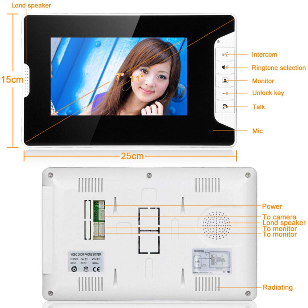 Videocitofono con sistema intercom per porta video, con monitor da 2 x 7 pollici e 1 fotocamera IR, impermeabilità IP65