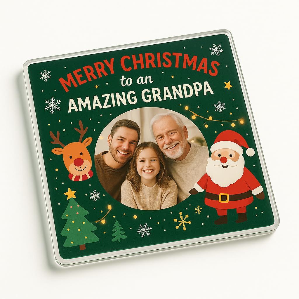 The Plum Penguin Festive Grandpa Joy Acrylic Coaster Gift With Design - Personalised Christmas Photo Drink Mat For Grandad's Holiday Cheer