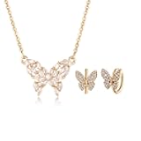 Gold Pendant Necklace Huggie Earrings for Women 14K Gold Plated Cubic Zirconia Handmade Trendy Butterfly Jewelry Gifts