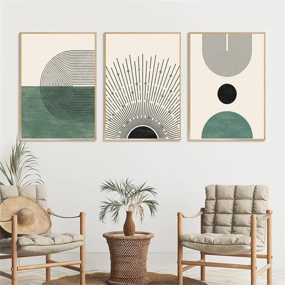 WUHBCZ Wall Posters-Abstract Green Boho Geometric Lines Sun Canvas Painting Posters Nordic Wall Art Print Pictures Living Room Kitchen Office Home Decor-40 * 50cm/3PCS (No Frame)