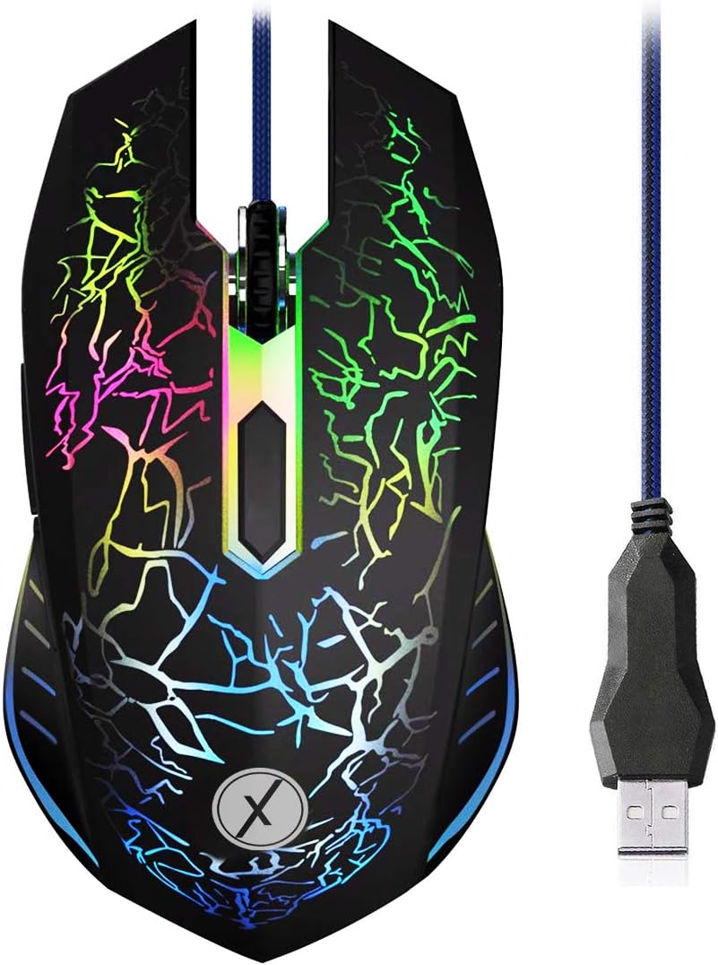 Xmate Rio Wired USB Gaming Mouse, Led Backlit, 6 Button, 7 Color Breathing Lights, High Ergonomic Mouse, Durable ABS Body for Computer PC & Laptop, 1.5M Nylon Braided Cable (Black)