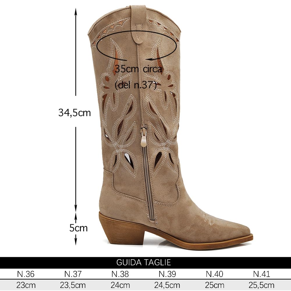 IF Botas altas Texanas para mujer Western de piel sintética vegana, diseño perforado, tacón medio y punta cónica