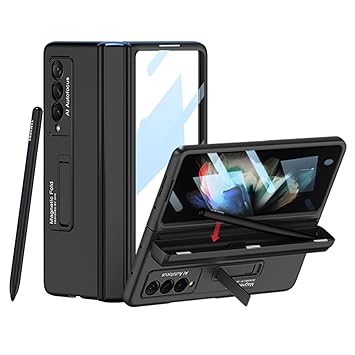 [Updated Version] Libeagle Compatible with Samsung Galaxy Z Fold 3 Case with[Built in Hidden S Pen Holder to Avoid Pen Lost][Screen Protector][Full Hinge Protection][Metal Stand] Cover 5G 2021-Black