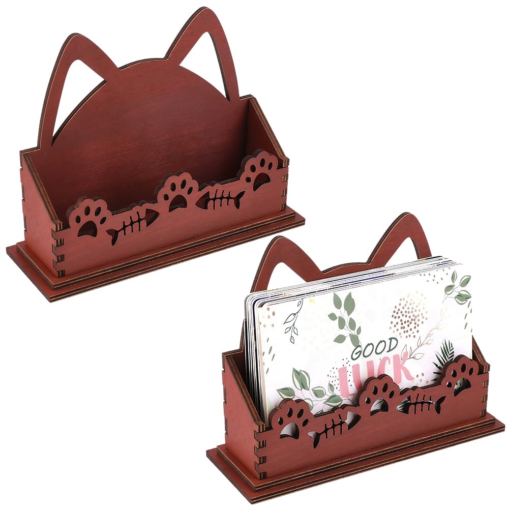 CRASPIRE 2 Sets Cat Wooden Business Card Holder Card Stand 4.5x1.57x3.3In Hollowed Decorative Brown Cute Open Name Postcard Organizer Display Stands for Desktop Office Home Tabletop Exhibition Decor