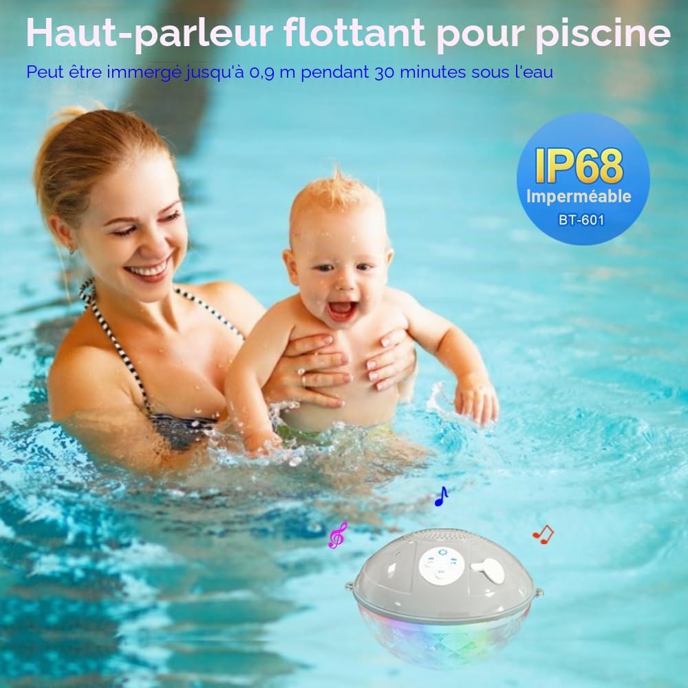 Haut-parleurs flottants de piscine avec lumières colorées, haut-parleur Bluetooth étanche IP68 pour piscine, spa et extérieur