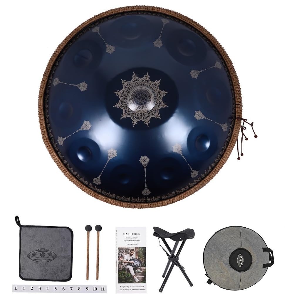 Schlaginstrument, 440 Hz, Durchmesser 56 cm, Stahlzungentrommel, D-Moll, 10 Noten, Handpan-Trommel mit Mandala-Muster (Blau mit Mandala-Muster)