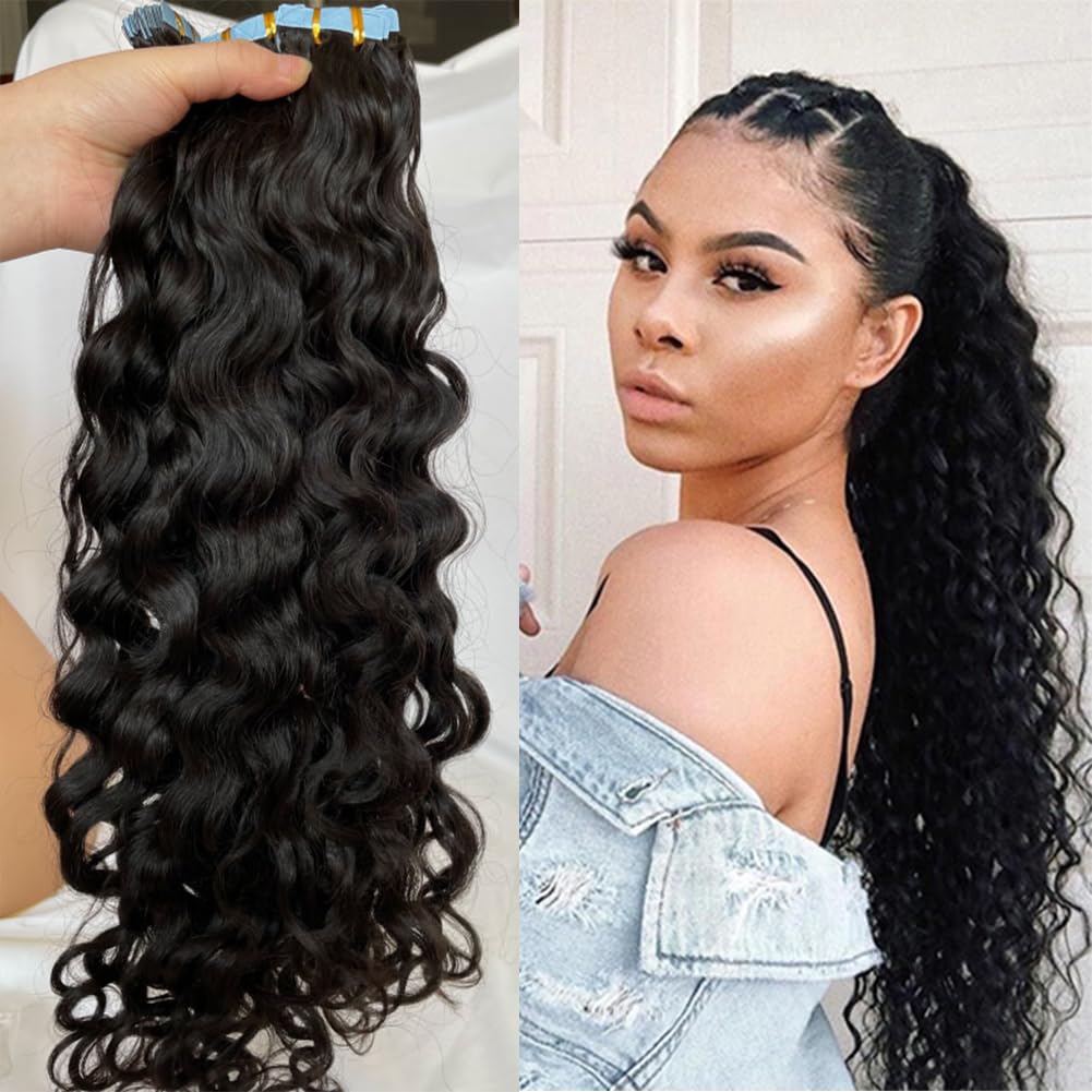 Tape in Hair Extensions Natural Wave Human Hair for Black Women, Natural Wavy Curly Black Tape on 100% Real Human Hair Extensions Skin Weft Wavy Hair Extensions 26Inch 100G 40PCS
