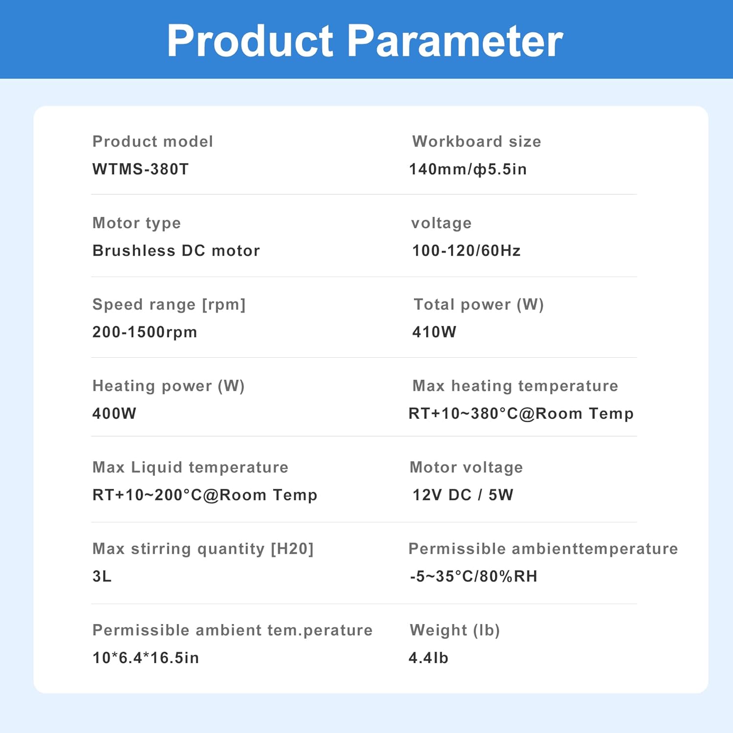 Table of product parameters for WTMS-380T, including workboard size, motor type, voltage, speed range, total power, heating power, max heating temperature, max liquid temperature, motor voltage, max stirring quantity, permissible ambient temperature, and weight.
