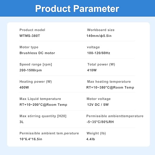 Miniatura 7 de Agitador magnético de placa calefactora con pantalla LCD táctil con función de ajuste de programa, 716.0 °F/716℉ 5.5 pulgadas, velocidad máxima