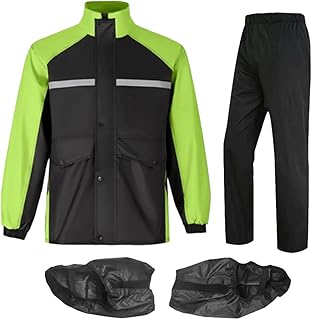 Rain Riding Suit - All Weather Motorcycle Rain Gear - Reflective Waterproof Suit With Hooded Poncho, Boots And Overalls - ...