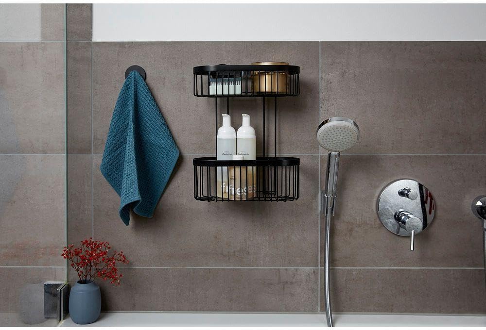 WENKO Classic Plus Black Steel Wall Shelf with Hooks, 35 x 10.5 x 12.5 cm, Black, 26,5 x 33 x 14,5 cm