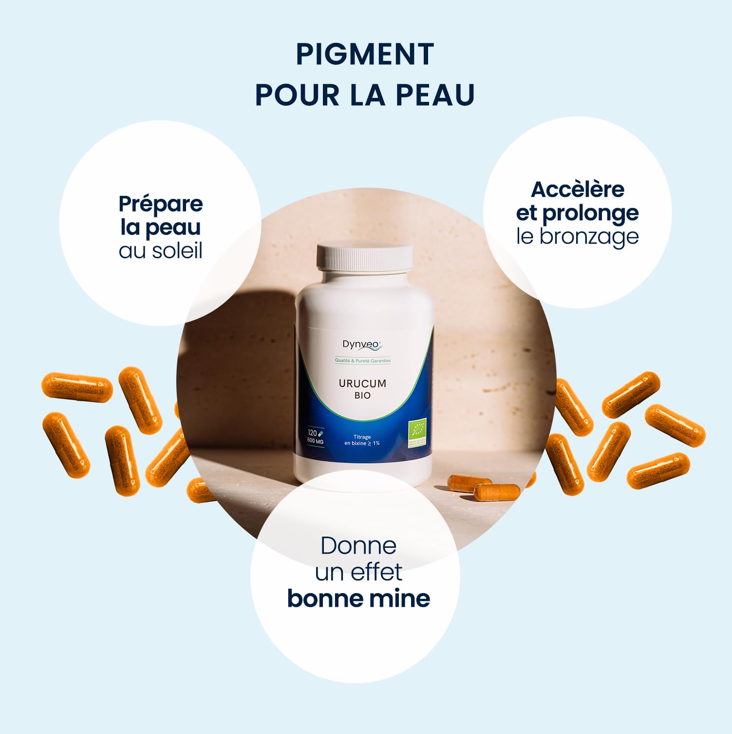Urucum Bio 600 mg – Titré à 1% en Bixine – Préparateur Solaire Naturel, Teint Bronzage - Bonne Mine & Anti-âge - 100% Pur – Sans Additif - Qualité Premium - 120 Gélules végétales (1 à 2 mois) - Dynveo