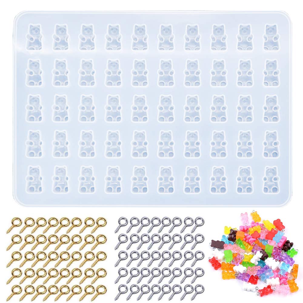 2pcs Gummy Bear Resin Silicone Mold,Small Bear Keychain Silicone Expoy Casting Molds with 200pcs Screw Eye Pins for Jewelry Making Colorful Gummy Bear Charms Pendants Keychains Nail Charms Phone Decor