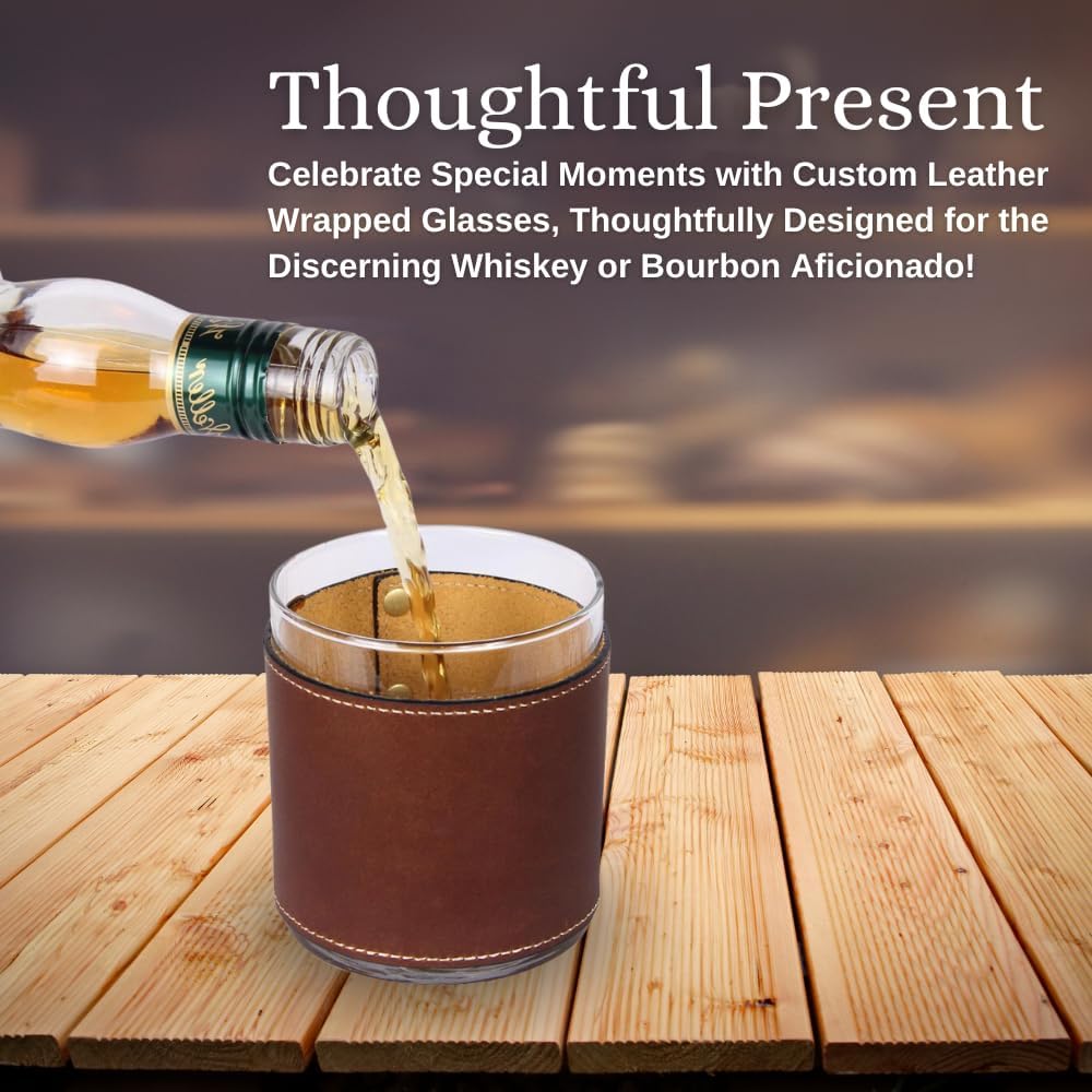 Barrel Down South Custom Leather Wrap – [Pack of 2] Set of Rock Glasses with Monogrammed Leather Sleeve | Personalized Whiskey & Scotch Gifts | Bourbon Gift Sets for Men (Plain) - Image 4