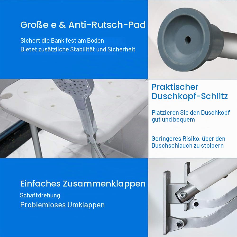 Duschklappsitz Für Wandmontage, Weytoll Duschstuh mit Stützfüßen, Duschhocker Mit rutschfesten Füßen, mehreren Ablauflöchern, für Senioren Weiß, Hält bis zu 440 lbs, 40*32*42cm