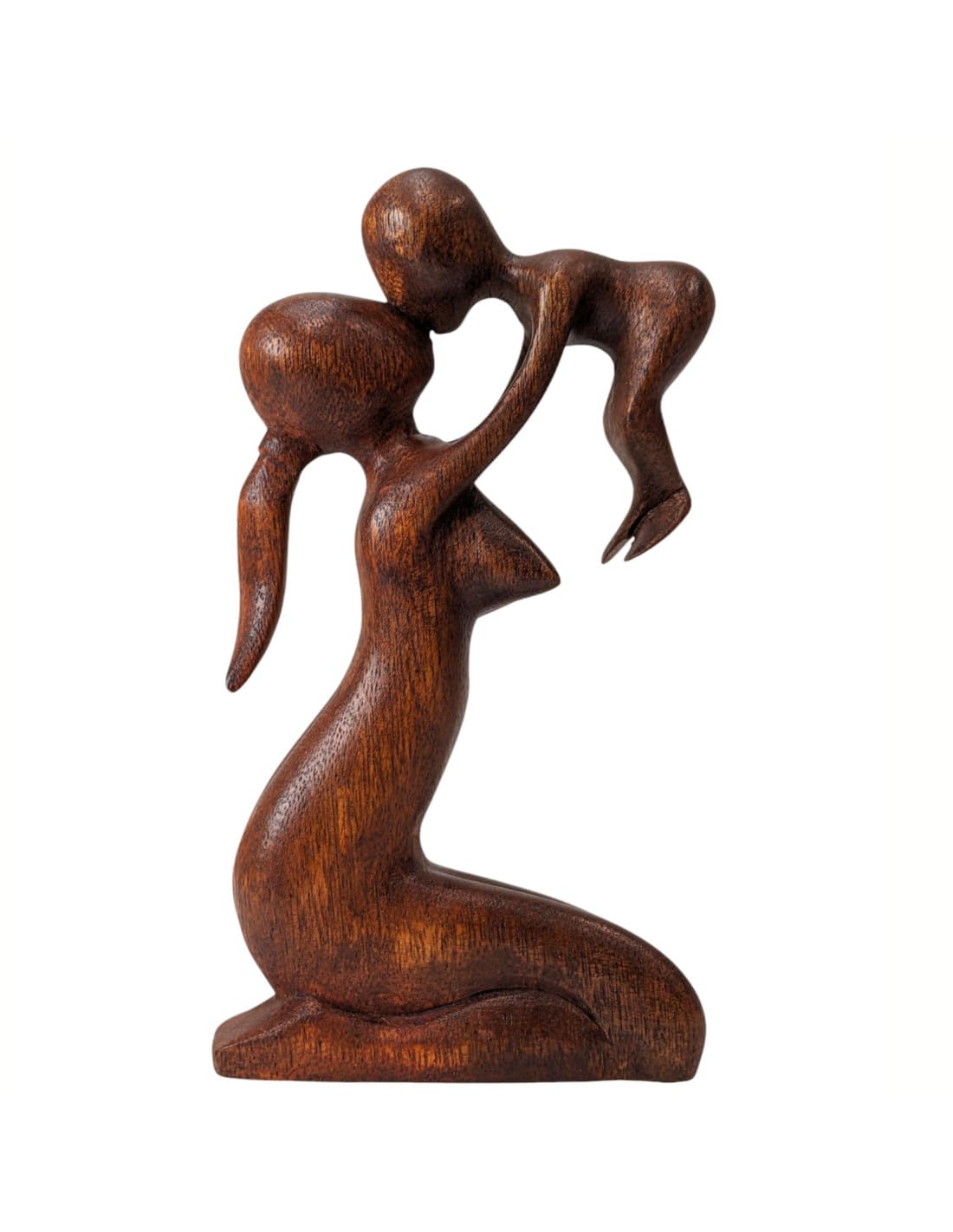 Statua Astratta mamma e bambino H20 cm in legno massiccio colore cioccolato intagliato mano