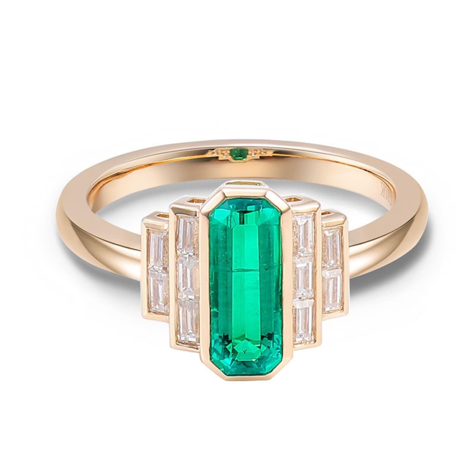 Bague de fiançailles rectangulaire en or jaune 9 carats avec émeraude verte et moissanite pour femme