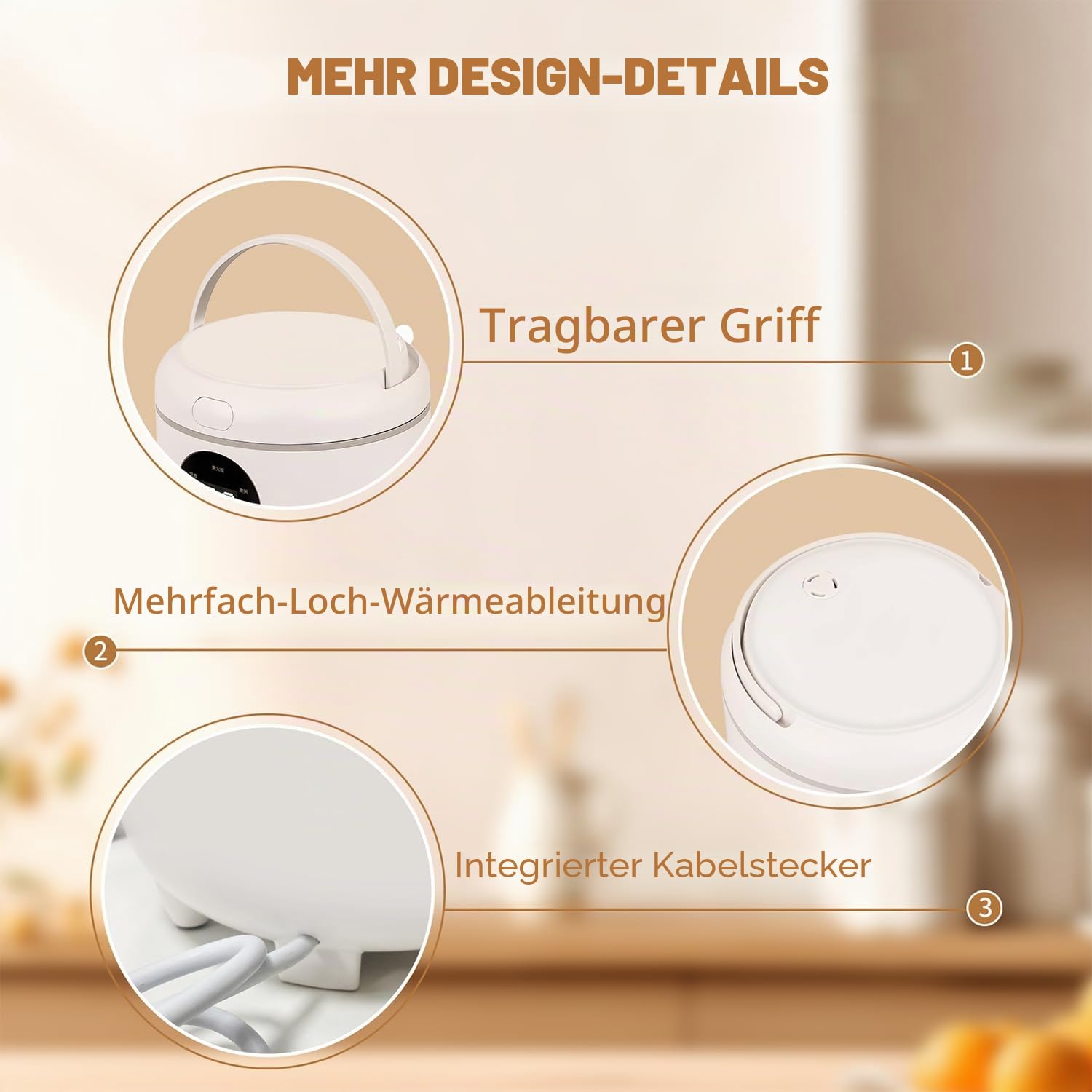 Reiskocher Klein, 3 Tassen (für 1-3 Personen), 6-in-1 Multikocher mit Slow Cook, 300W, Kompakt, Weiß