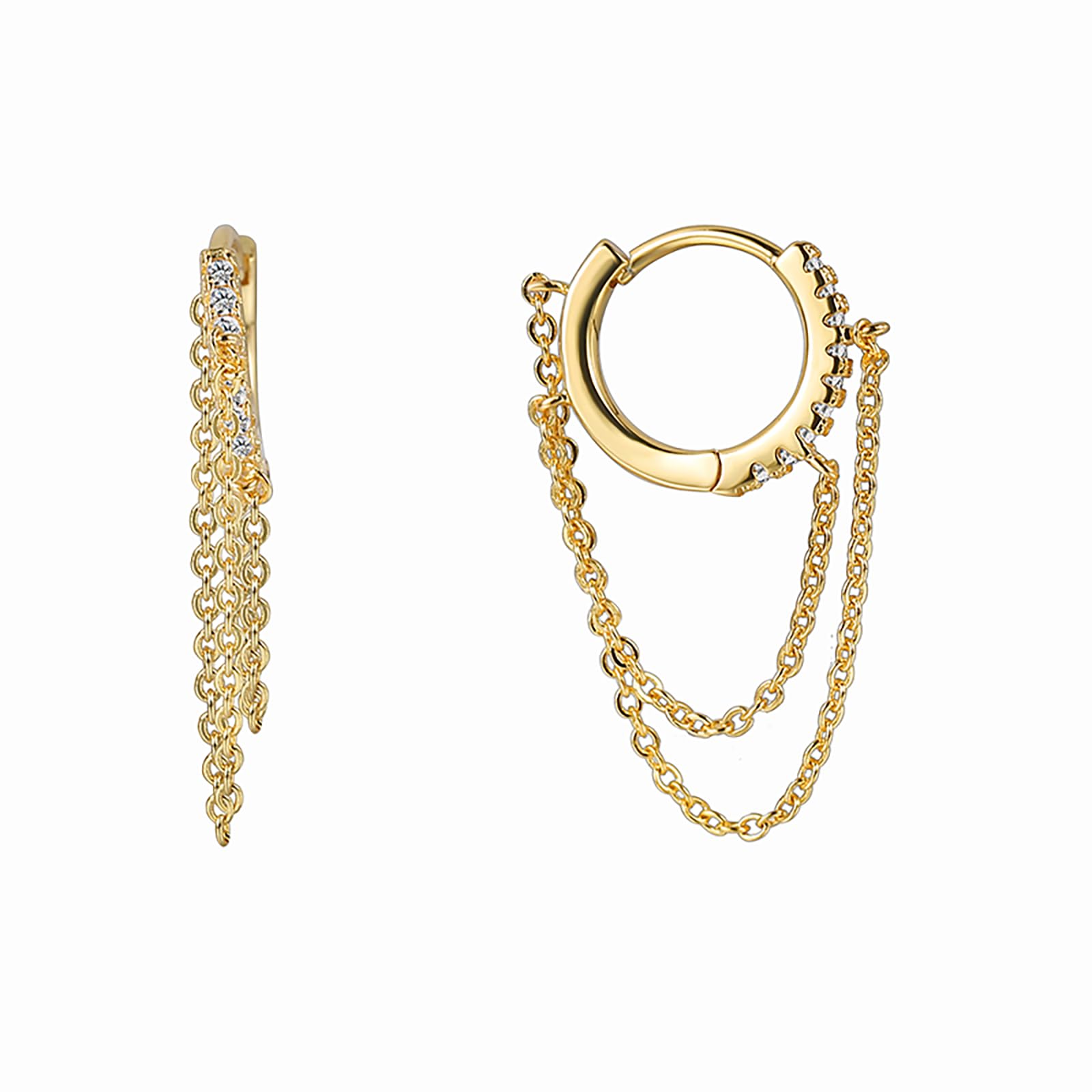 QuesTreasure Gold Plated Tassel Chain Dangle Small Hoop Earrings, Drop Dangle Chain Huggie Hoop Earrings with Cubic Zirconia, Tarnish Resistant
