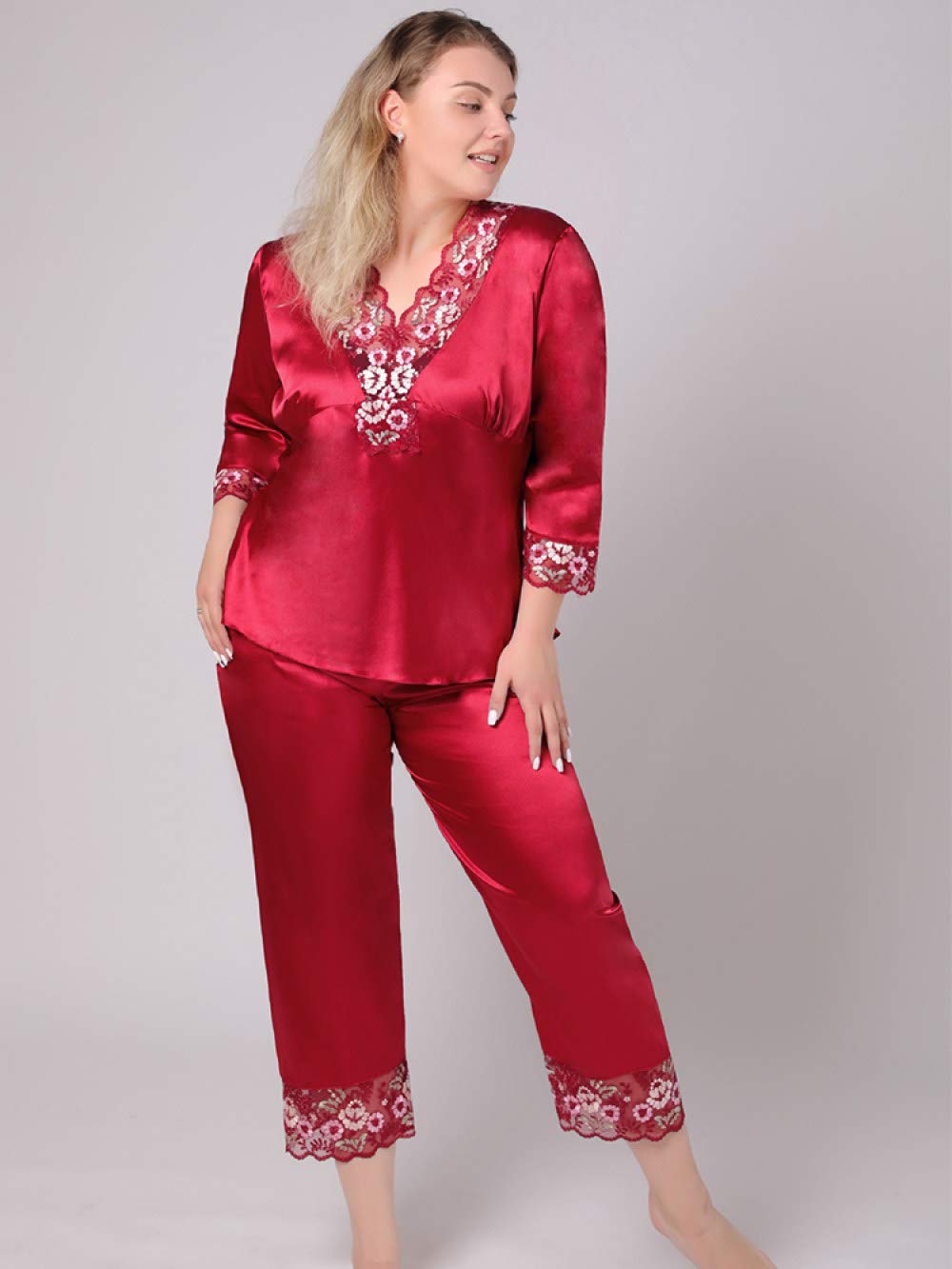 YUHOOE Pijamas De Mujer,Conjunto De 2 Piezas De Pijama De Satén De Seda De Talla Grande con Cuello En V Bordado De Encaje Sedoso Ropa De Dormir De Manga 3/2 Ropa De Dormir Ropa De Casa,Rojo,6XL