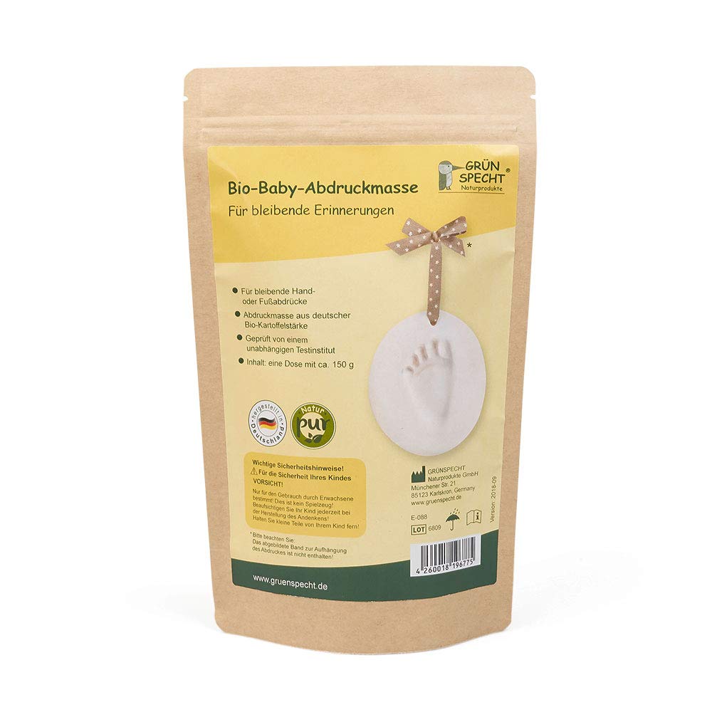 GRÜNSPECHT Bio-Baby-Abdruckmasse, Baby Handabdruck & Fußabdruck, aus zertifizierter Bio-Kartoffelstärke, Geschenk Geburt, 1 Dose (677-00)
