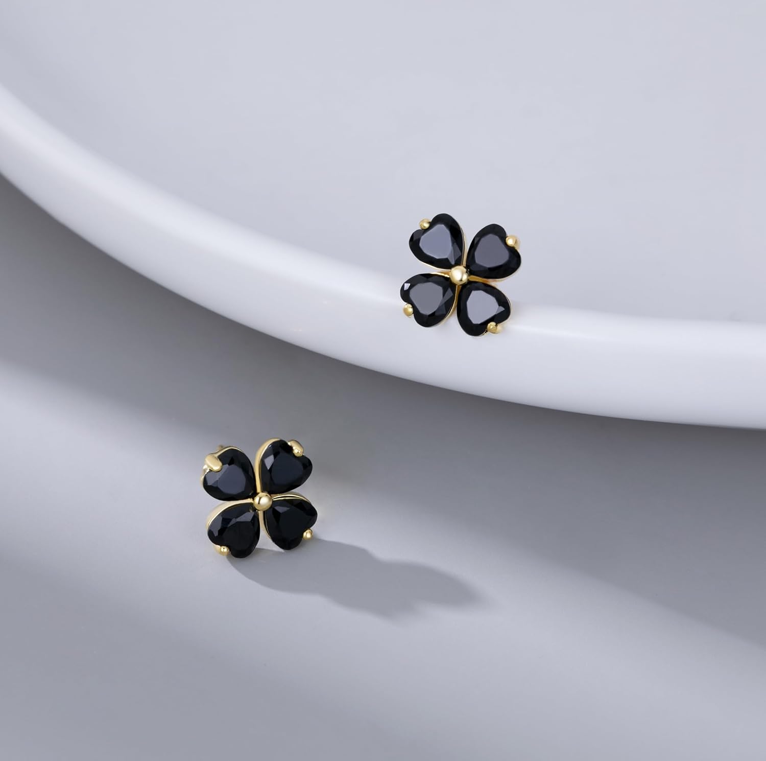 Reffeer Solid 925 Sterling Silver CZ Four Leaves Clover Earrings Studs for Women Teen Girls Heart Cut Black Clover Studs Earrings Leaf - Image 4