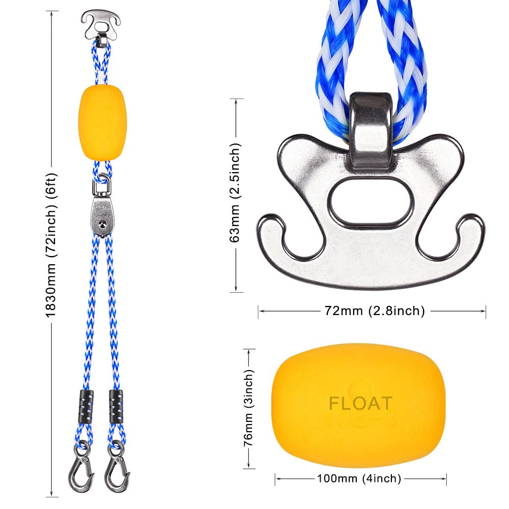 SELEWARE Self-Centering Boat Tow Harness for Tubing, Stainless Steel Quick Connector, Heavy Duty Floating Tow Rope for 1-4 Riders, Wakeboarding & Jet Ski
