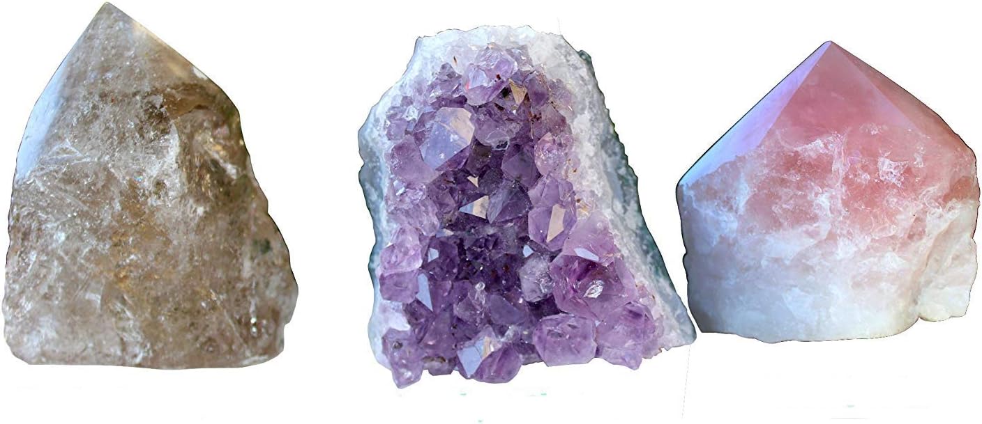 Set of 3 Natural Healing Crystal Points - Amethyst Druzy Cluster, Rose Quartz Point, Smoky Quartz Point - 6 Faced Reiki Chakra - Meditation Therapy - Rough Crystals, Polished Point