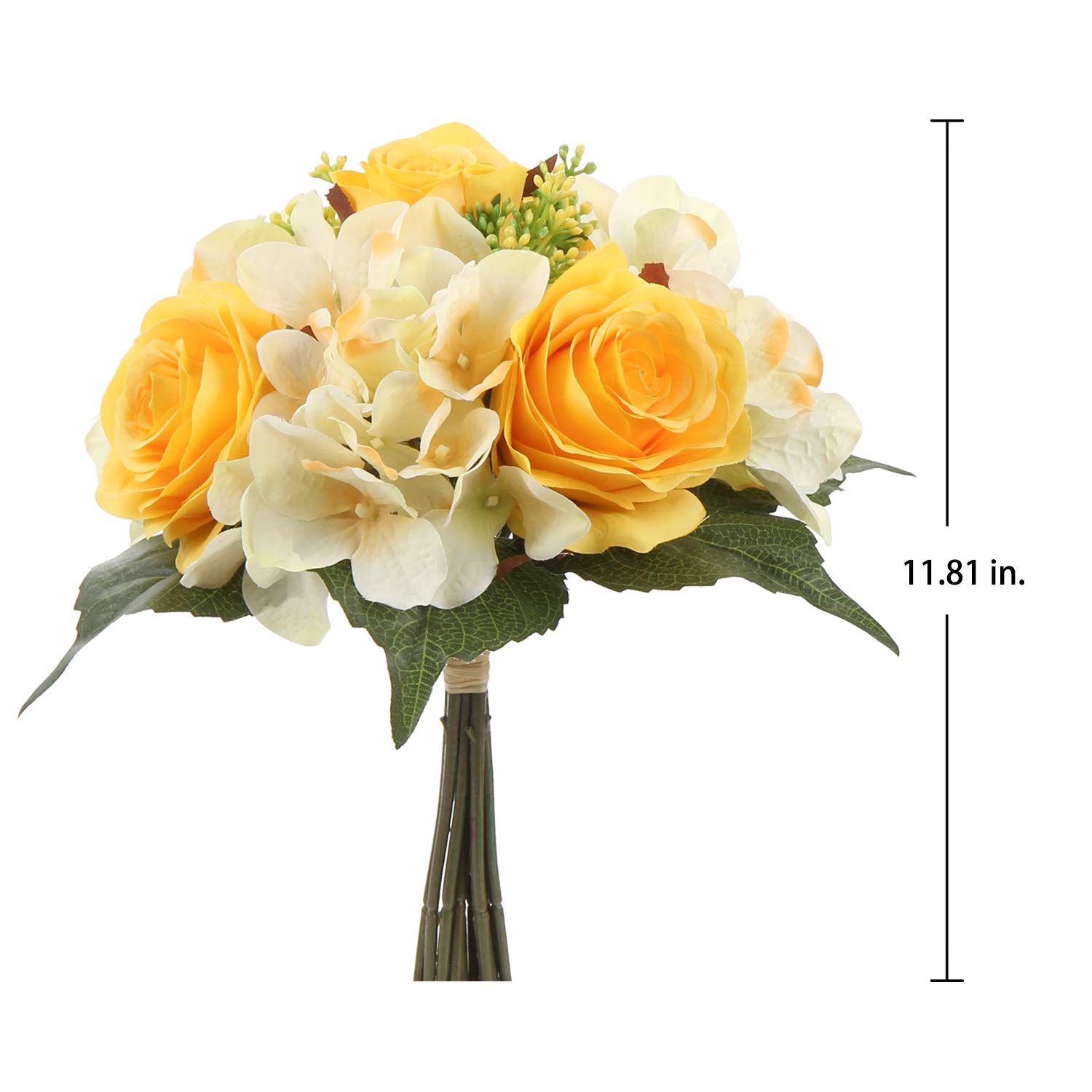 DILATATA Bouquet di rose artificiali in seta, 30,5 cm, fiori finti gialli, per festa della mamma, matrimoni, feste, festival, decorazioni, rose finte e ortensia, confezione da 4