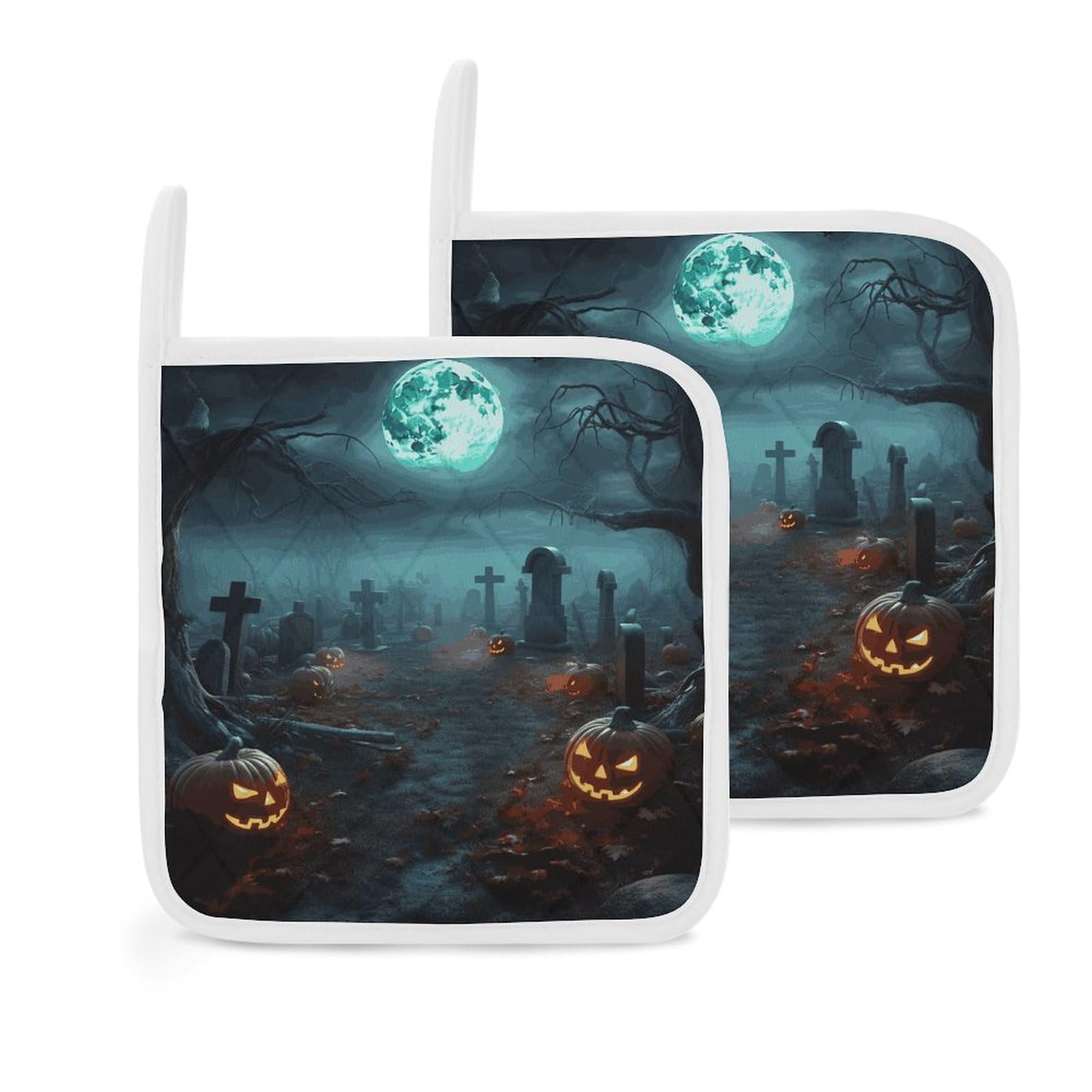 Btcowzrv Style Horror Pumpkin Cemeteryhorror Pumpkin Cemetery 2 Pack Pot Holders For Kitchen, Heat Resistant Potholder Set With Hanging Loops, Hot Pads For Oven Baking Cooking